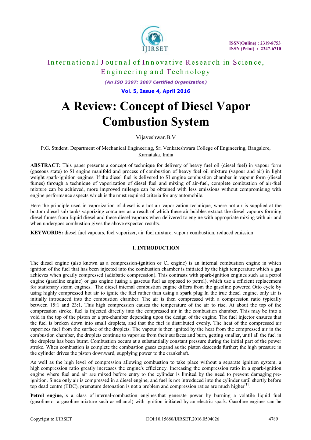 A Review: Concept of Diesel Vapor Combustion System