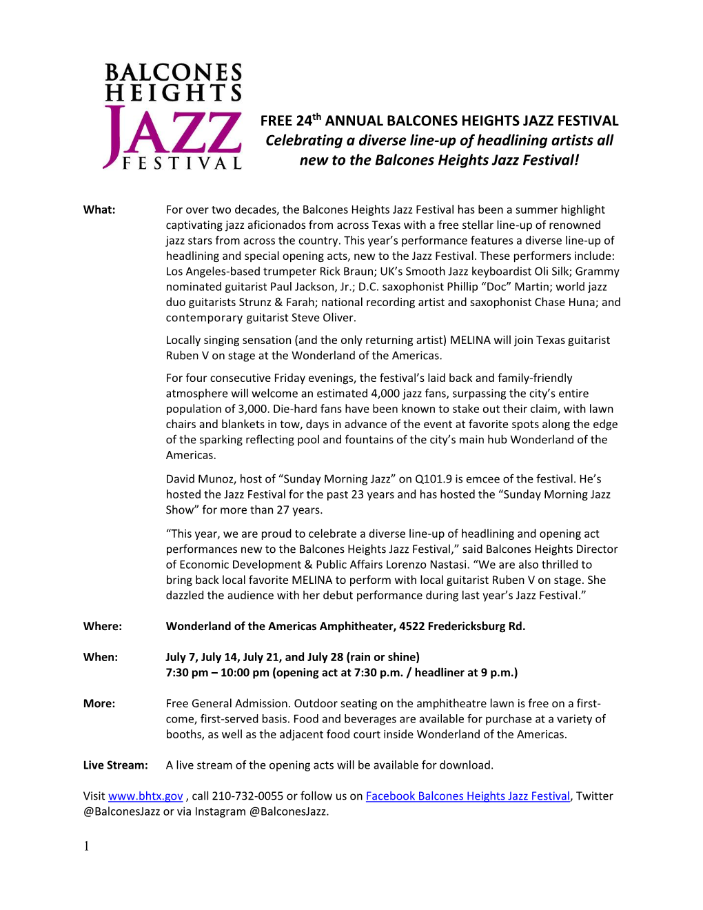 FREE 24Th ANNUAL BALCONES HEIGHTS JAZZ FESTIVAL Celebrating a Diverse Line-Up of Headlining Artists All New to the Balcones Heights Jazz Festival!