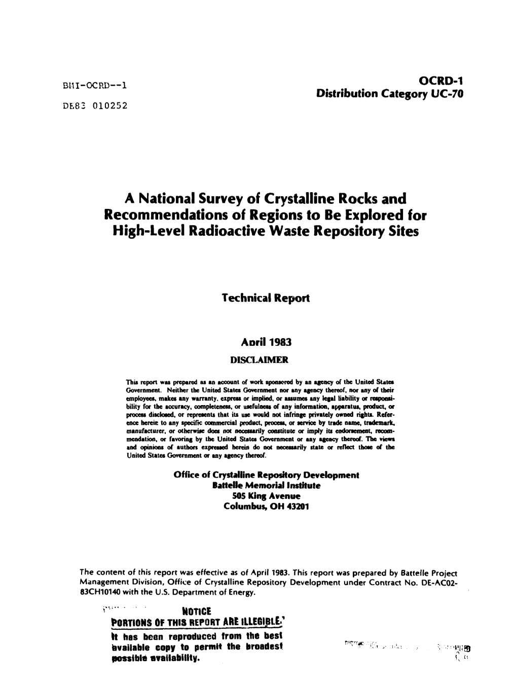 A National Survey of Crystalline Rocks and Recommendations of Regions to Be Explored for High-Level Radioactive Waste Repository Sites
