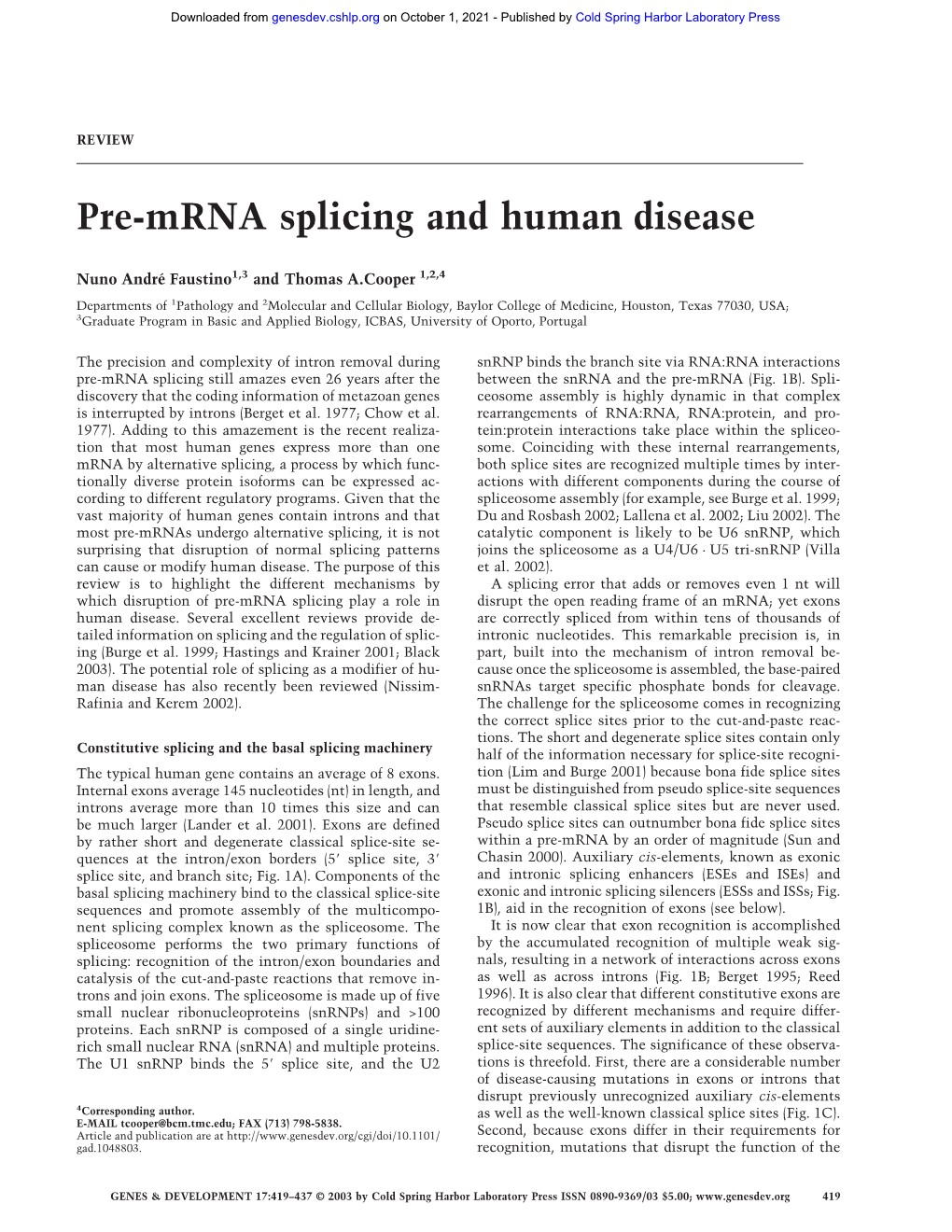 Pre-Mrna Splicing and Human Disease