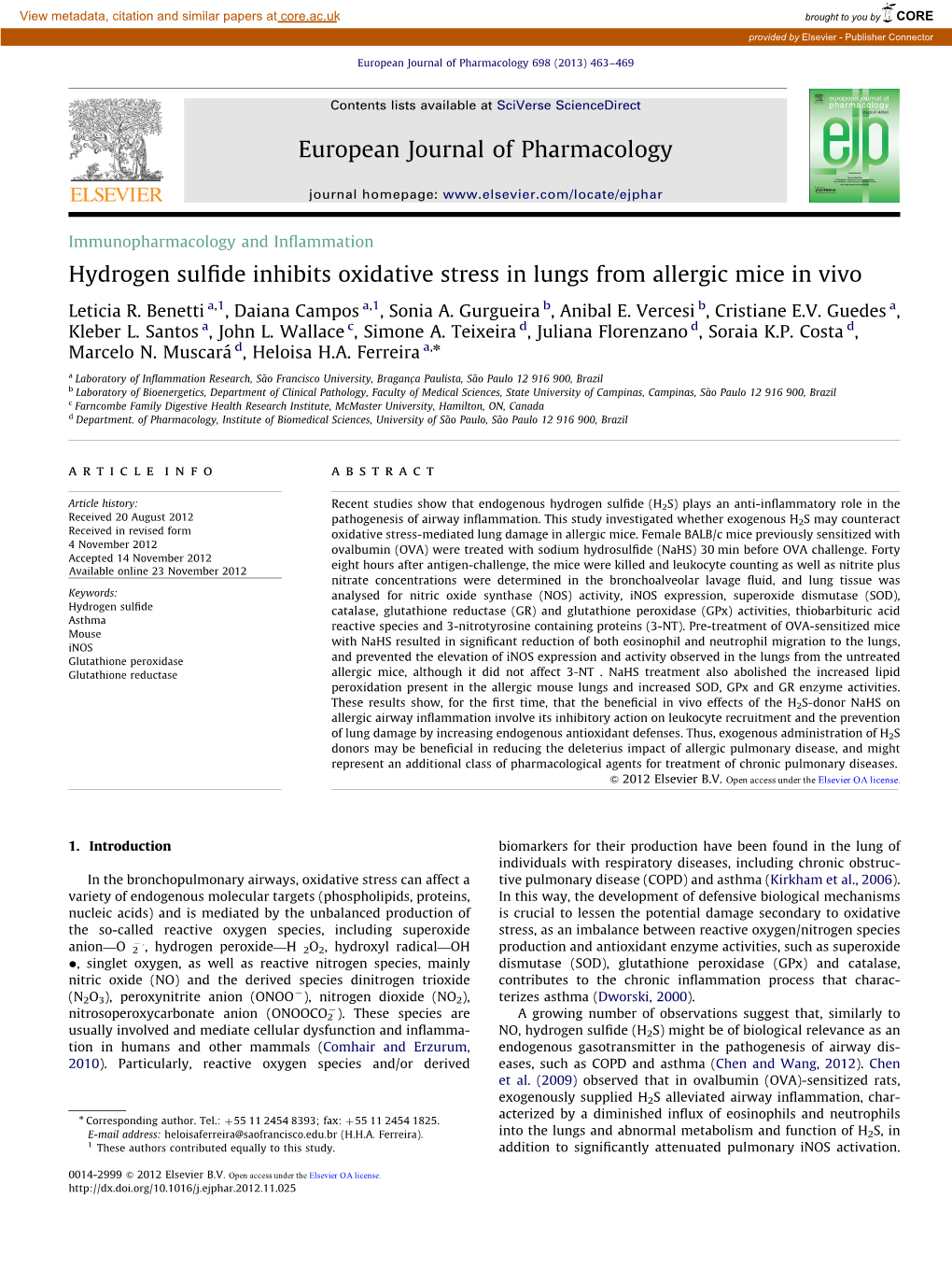 Hydrogen Sulfide Inhibits Oxidative Stress in Lungs from Allergic Mice in Vivo