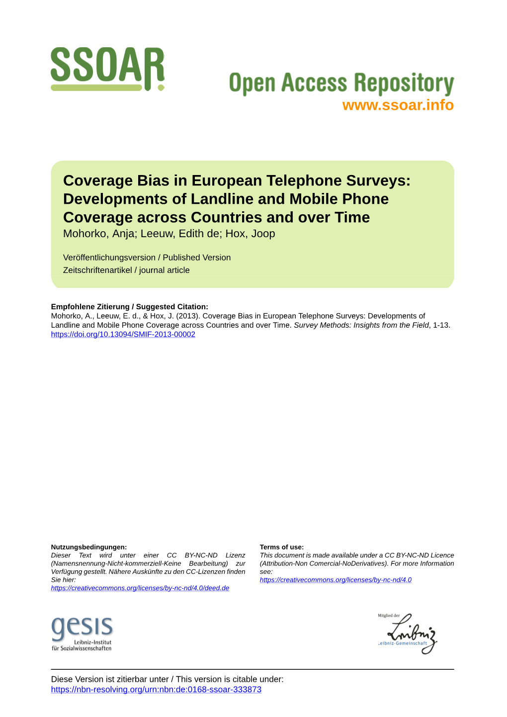 Coverage Bias in European Telephone Surveys: Developments of Landline and Mobile Phone Coverage Across Countries and Over Time