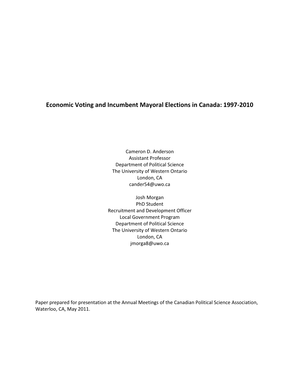 Economic Voting and Incumbent Mayoral Elections in Canada: 1997-2010