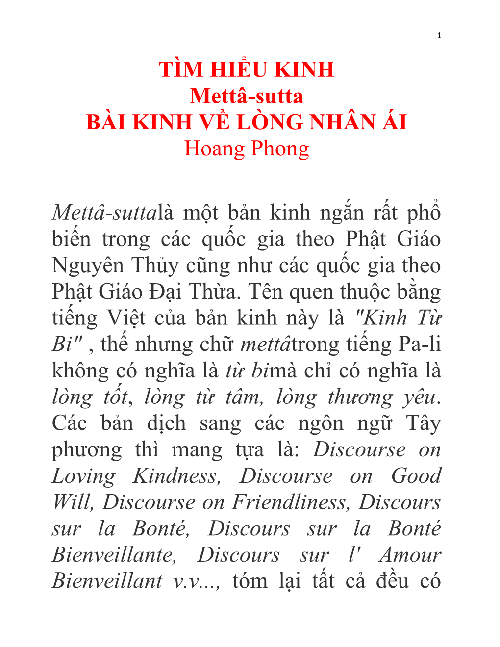 TÌM HIỂU KINH Mettâ-Sutta BÀI KINH VỀ LÒNG NHÂN ÁI Hoang Phong