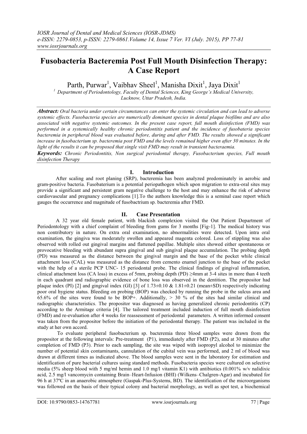 Fusobacteria Bacteremia Post Full Mouth Disinfection Therapy: a Case Report