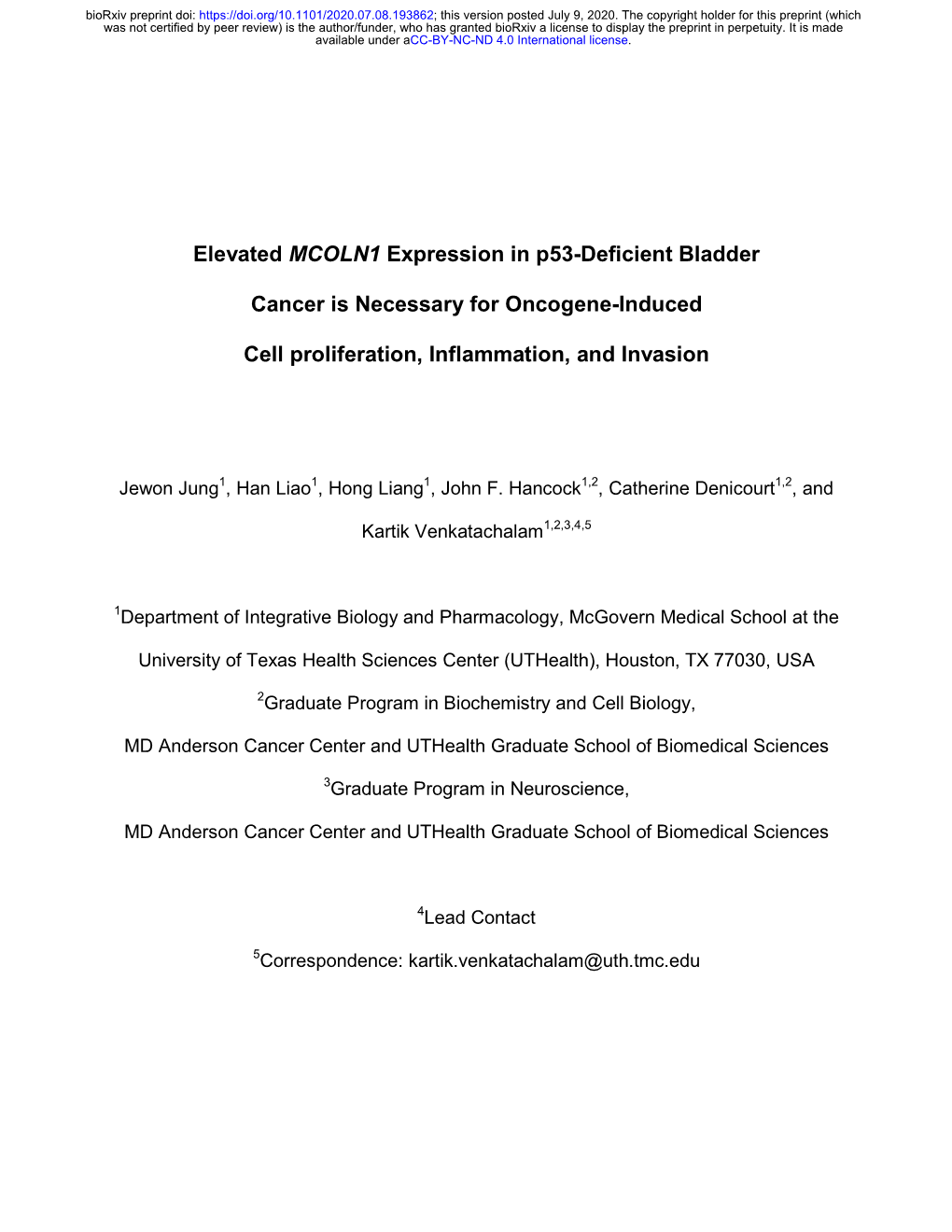 Elevated MCOLN1 Expression in P53-Deficient Bladder Cancer Is Necessary for Oncogene-Induced Cell Proliferation, Inflammation