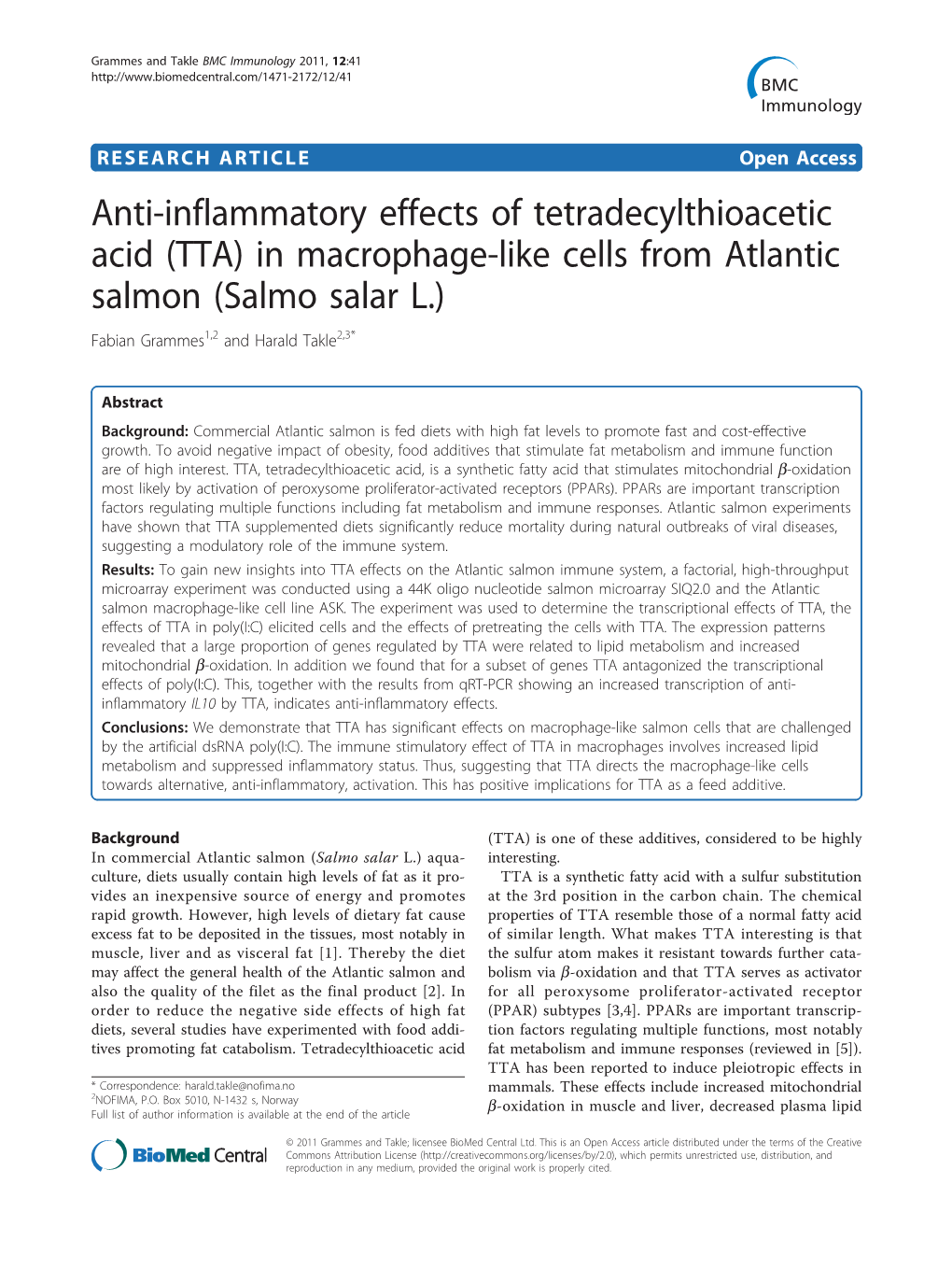 (TTA) in Macrophage-Like Cells from Atlantic Salmon (Salmo Salar L.) Fabian Grammes1,2 and Harald Takle2,3*