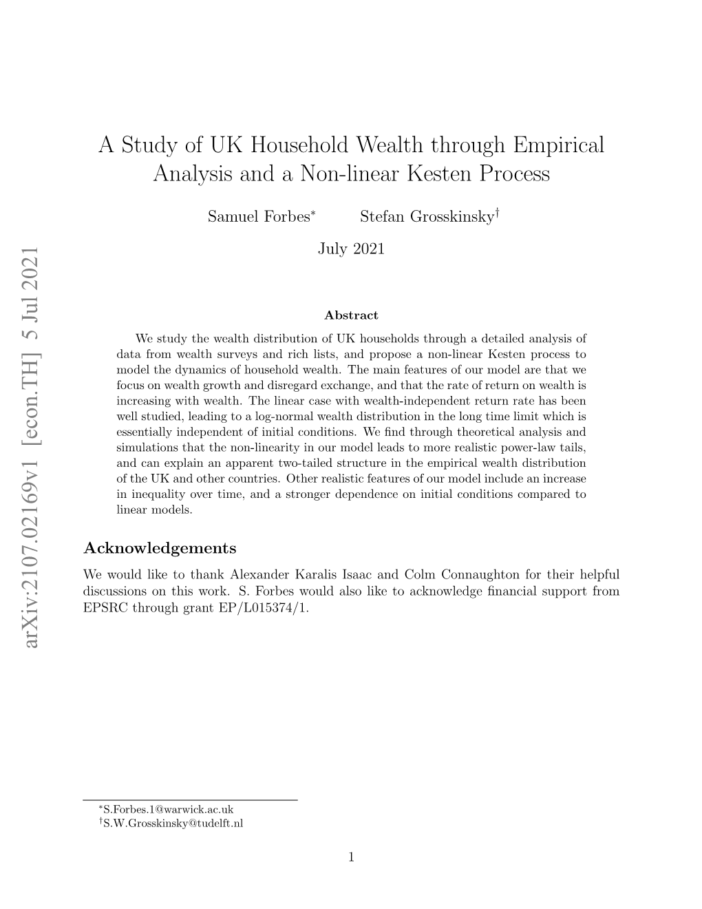 A Study of UK Household Wealth Through Empirical Analysis and a Non-Linear Kesten Process