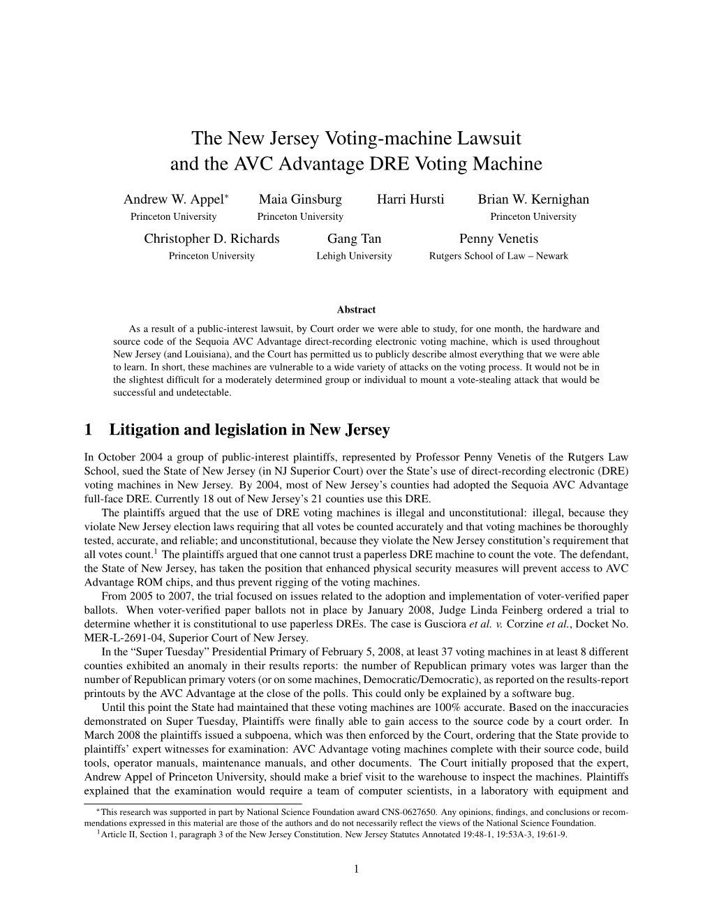 The New Jersey Voting-Machine Lawsuit and the AVC Advantage DRE Voting Machine