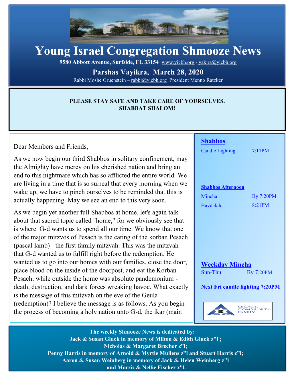 Young Israel Congregation Shmooze News