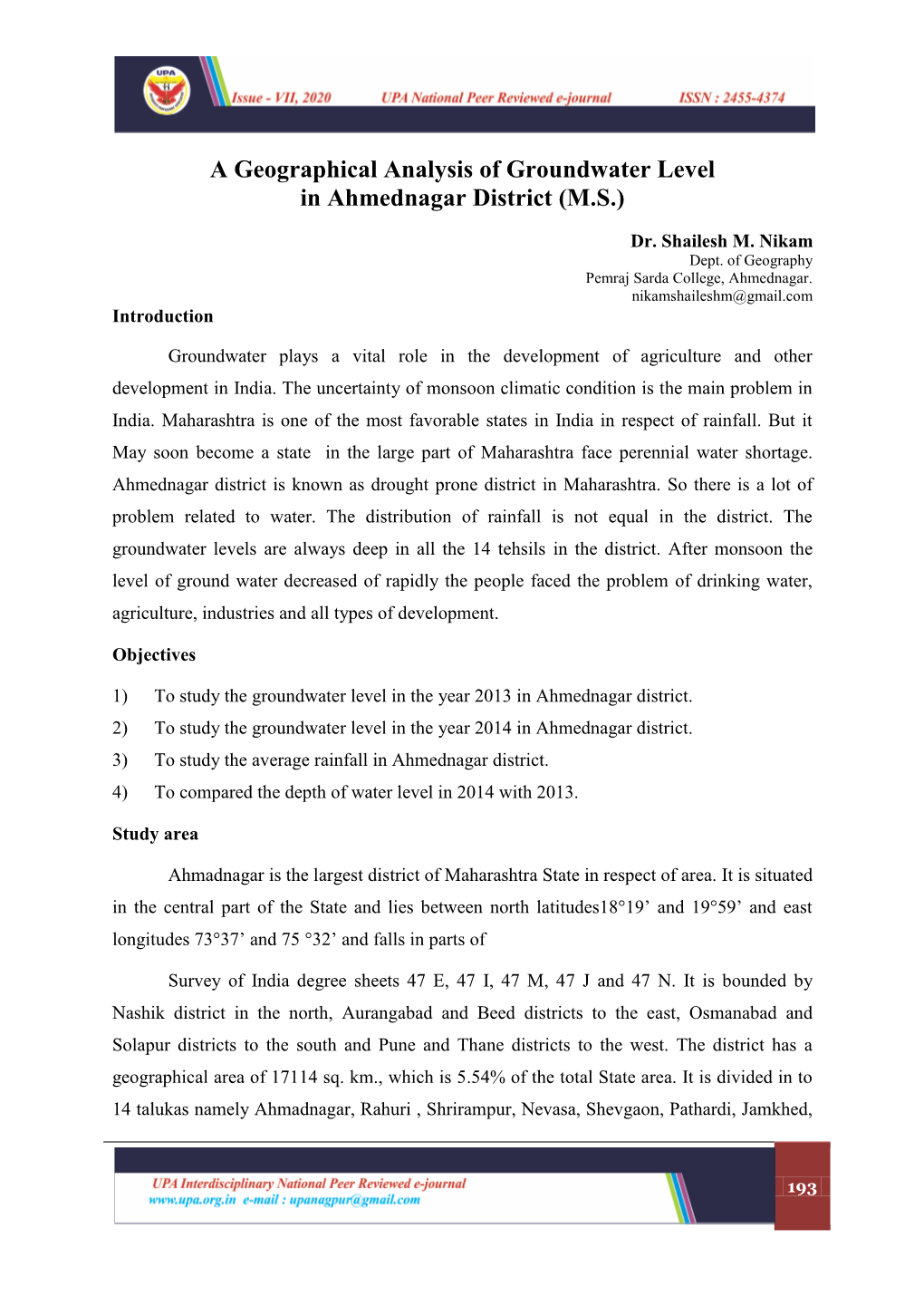A Geographical Analysis of Groundwater Level in Ahmednagar District (M.S.)