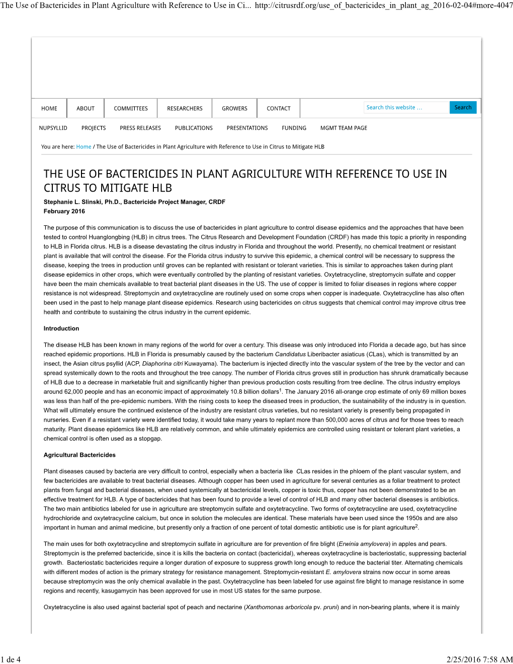 The Use of Bactericides in Plant Agriculture with Reference to Use in Ci