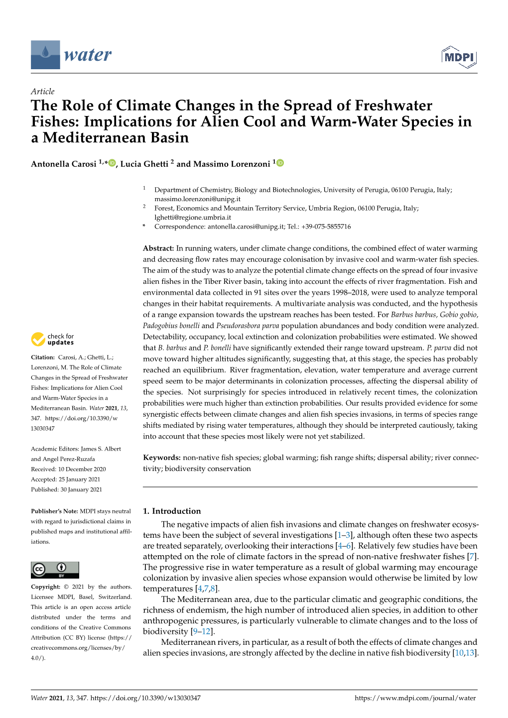 The Role of Climate Changes in the Spread of Freshwater Fishes: Implications for Alien Cool and Warm-Water Species in a Mediterranean Basin