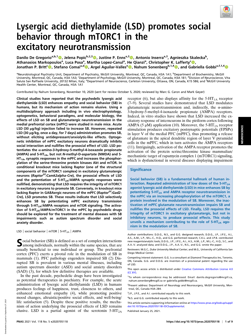 Lysergic Acid Diethylamide (LSD) Promotes Social Behavior Through Mtorc1 in the Excitatory Neurotransmission