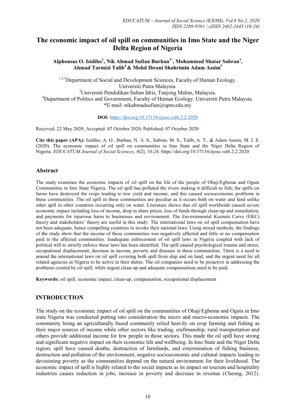 The Economic Impact of Oil Spill on Communities in Imo State and the Niger Delta Region of Nigeria