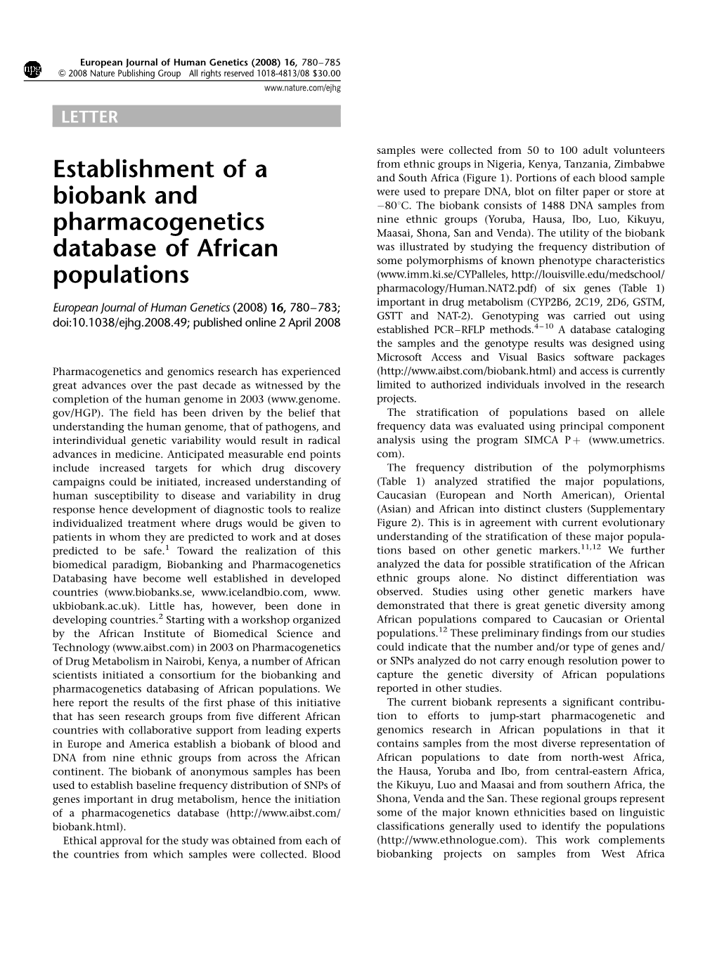 Establishment of a Biobank and Pharmacogenetics Database Of