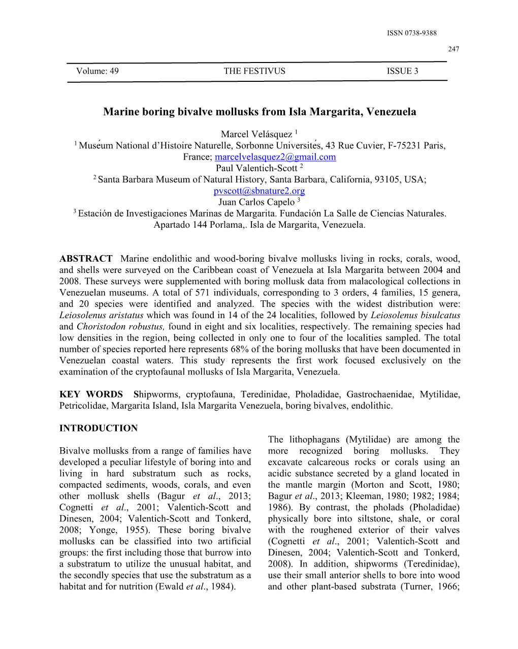 Marine Boring Bivalve Mollusks from Isla Margarita, Venezuela