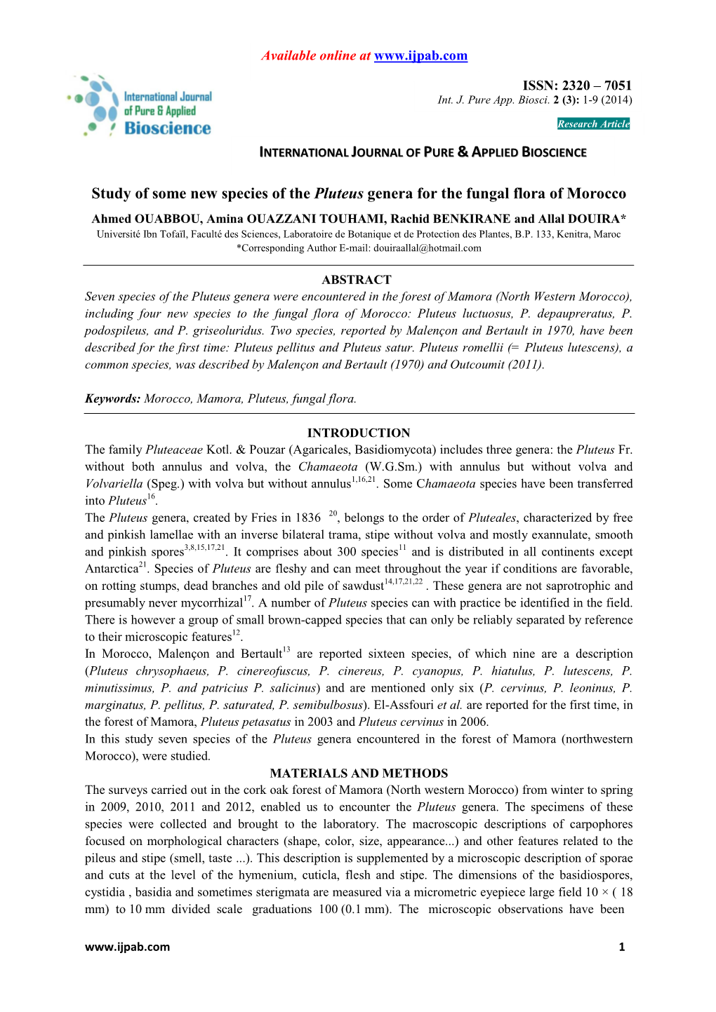 Study of Some New Species of the Pluteus Genera for the Fungal Flora