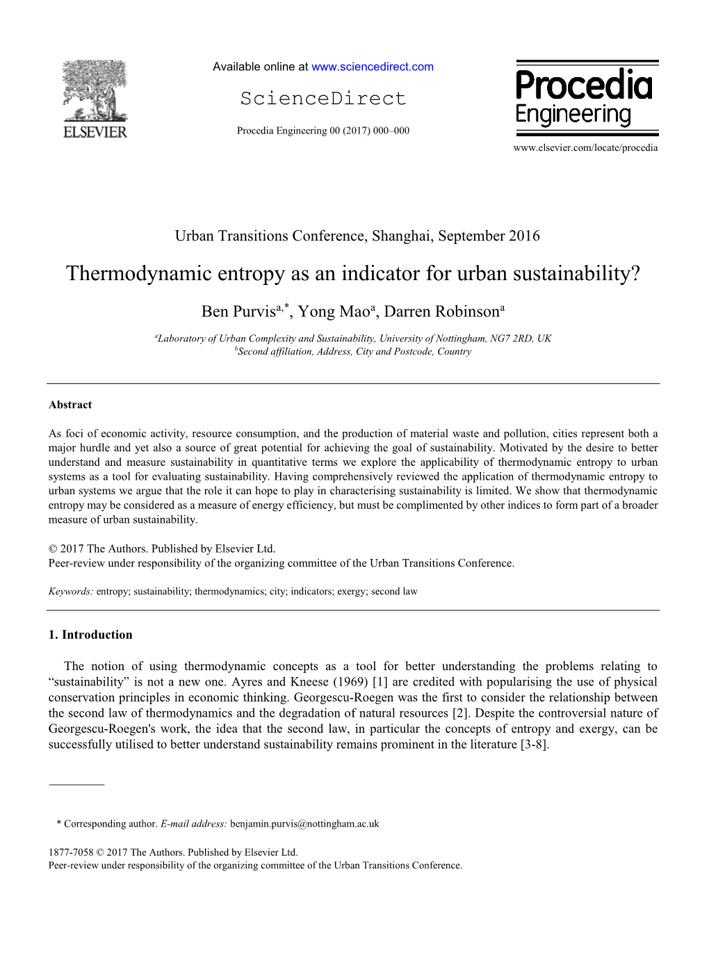 Thermodynamic Entropy As an Indicator for Urban Sustainability?