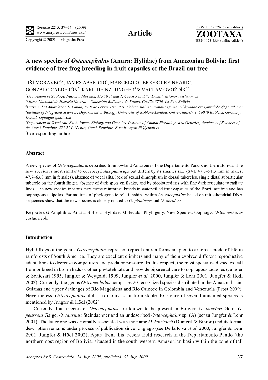 Zootaxa 2215: 37–54 (2009) ISSN 1175-5326 (Print Edition) Article ZOOTAXA Copyright © 2009 · Magnolia Press ISSN 1175-5334 (Online Edition)