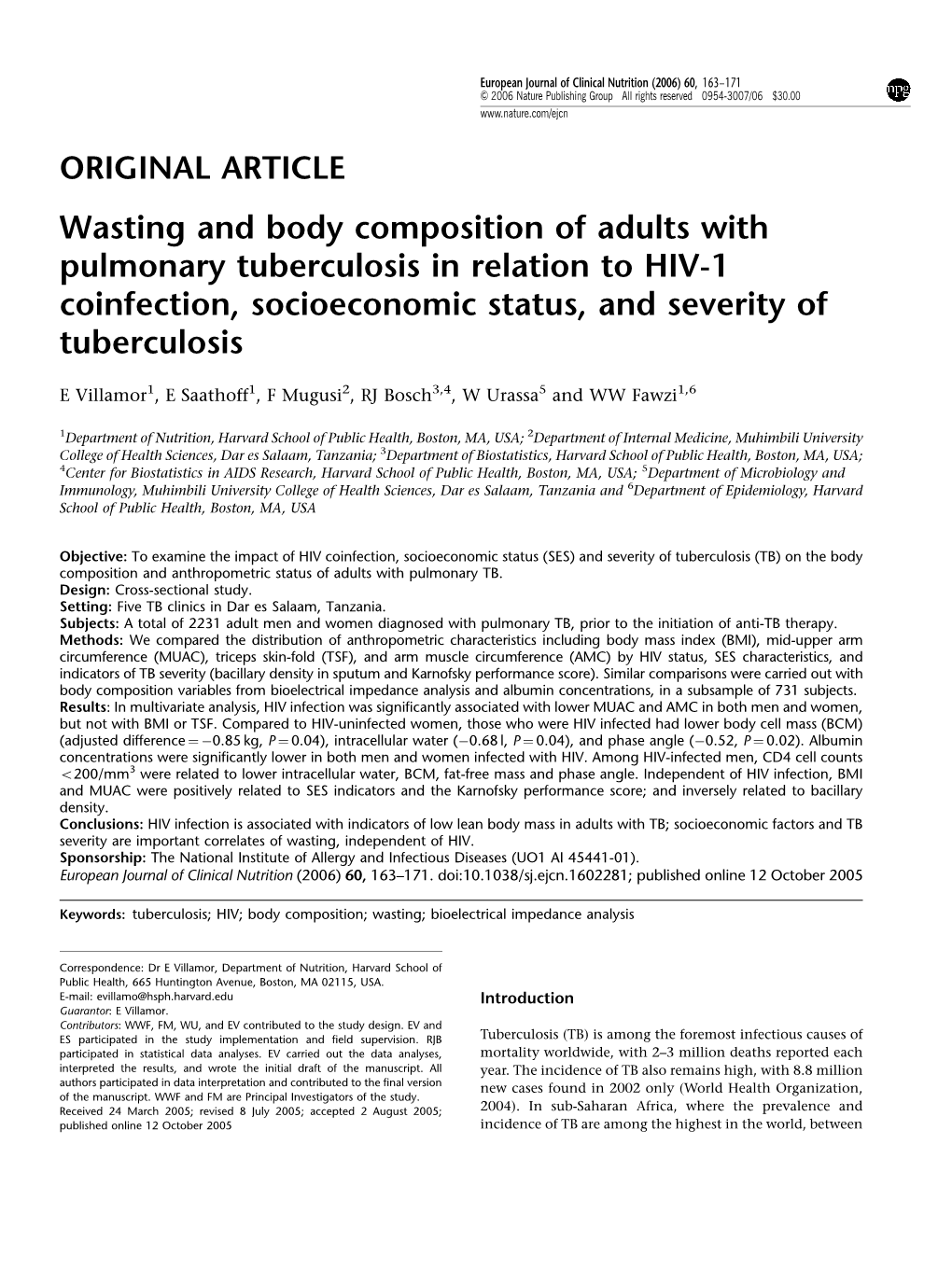 Wasting and Body Composition of Adults with Pulmonary Tuberculosis in Relation to HIV-1 Coinfection, Socioeconomic Status, and Severity of Tuberculosis