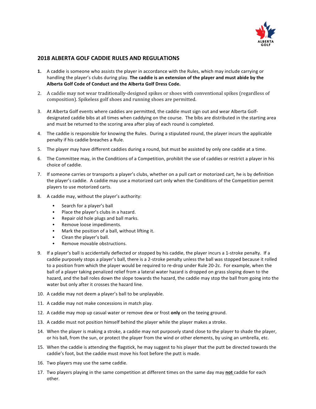 2018 Alberta Golf Caddie Rules and Regulations