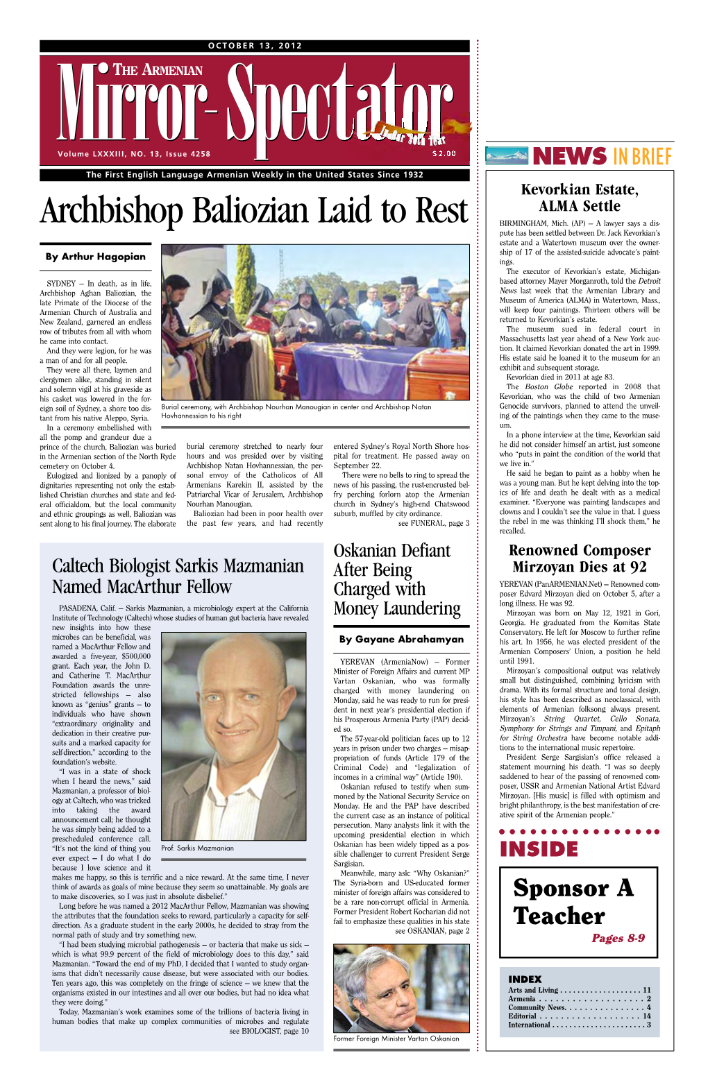 Archbishop Baliozian Laid to Rest ALMA Settle BIRMINGHAM, Mich