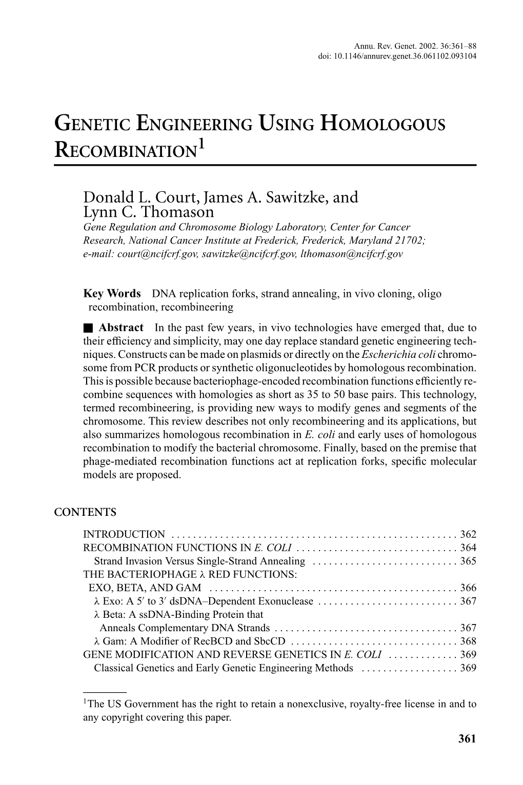 Genetic Engineering Using Homologous Recombination1