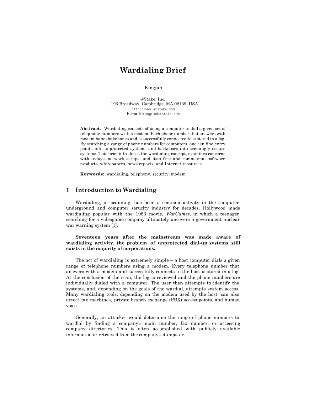 Paper: Wardialing Brief