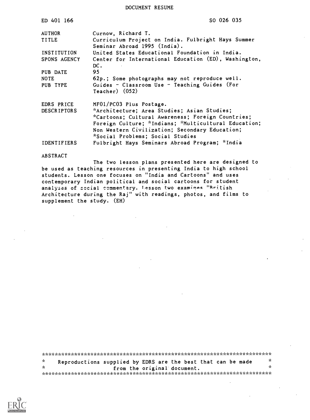 Curriculum Project on India. Fulbright Hays Summer Seminar Abroad 1995 (India)