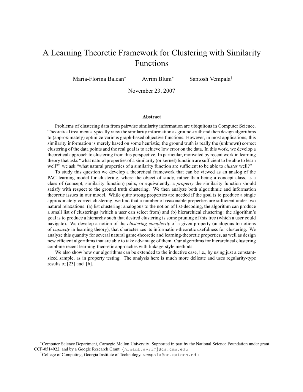 A Learning Theoretic Framework for Clustering with Similarity Functions