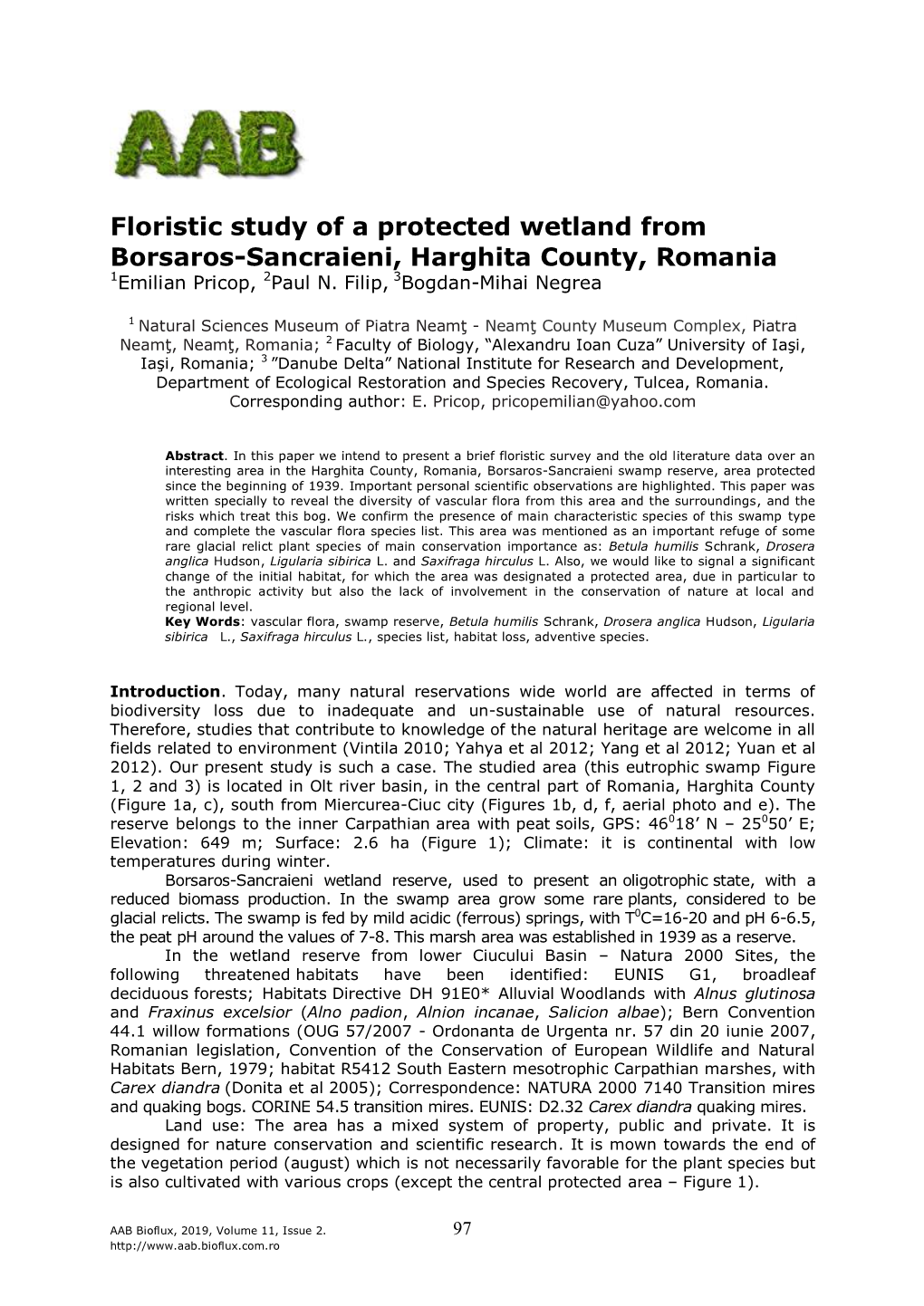 M., 2019 Floristic Study of a Protected Wetland from Borsaros-Sancraieni, Harghita County, Romania