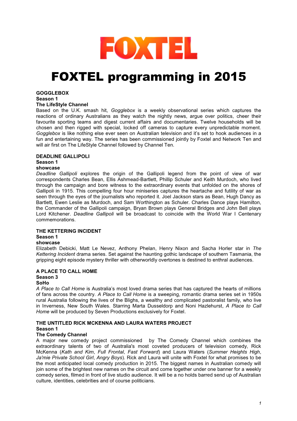 Foxtel Programming in 2015 (PDF)