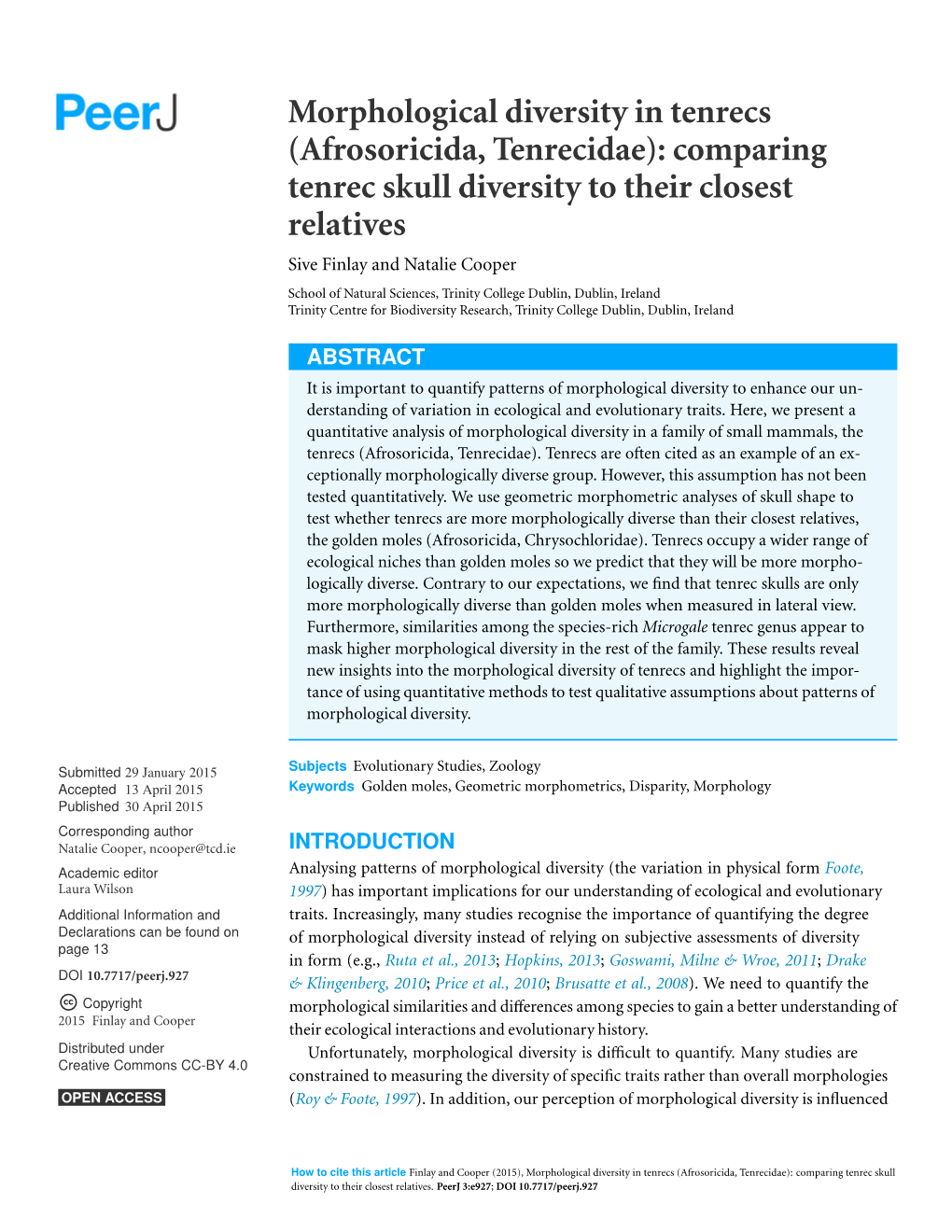 Morphological Diversity in Tenrecs (Afrosoricida, Tenrecidae)