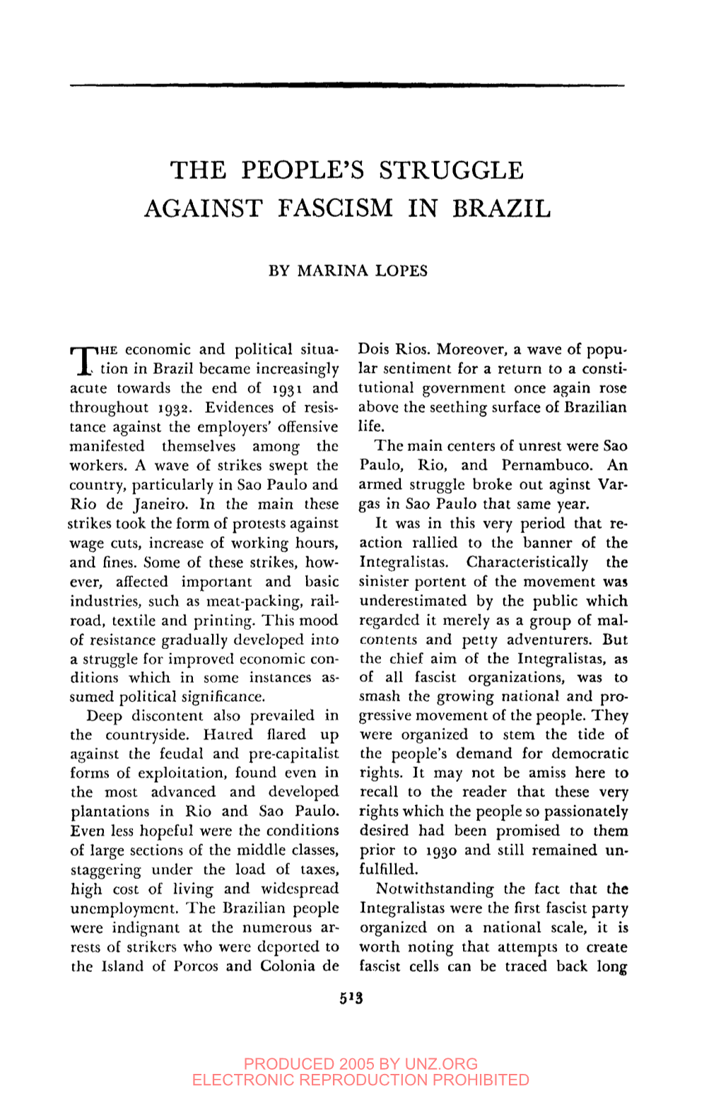 The People's Struggle Against Fascism in Brazil