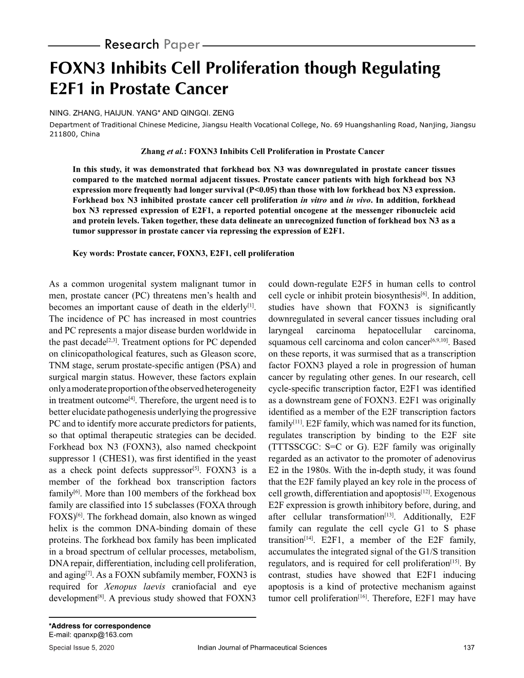 FOXN3 Inhibits Cell Proliferation Though Regulating E2F1 in Prostate Cancer