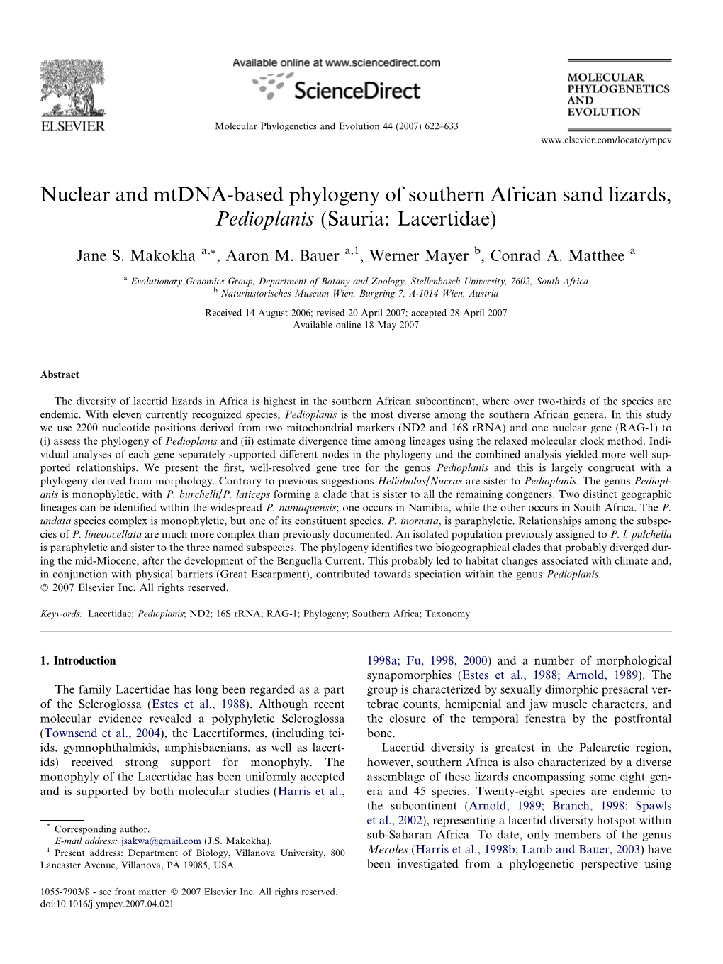 Nuclear and Mtdna-Based Phylogeny of Southern African Sand Lizards, Pedioplanis (Sauria: Lacertidae)