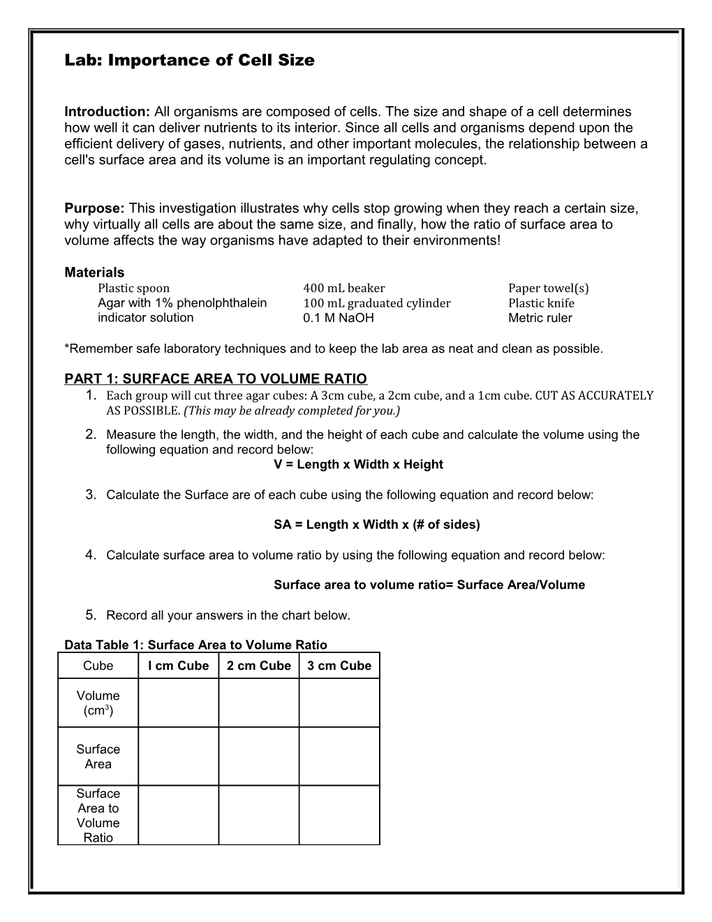 Lab: Importance of Cell Size