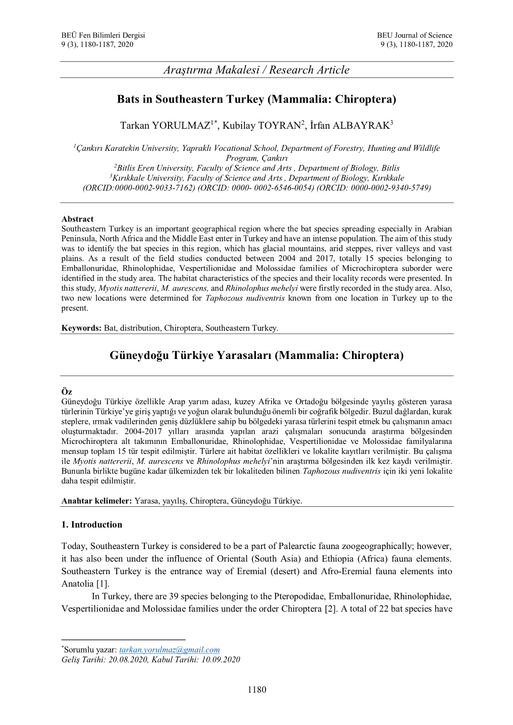 Araştırma Makalesi / Research Article Bats in Southeastern Turkey