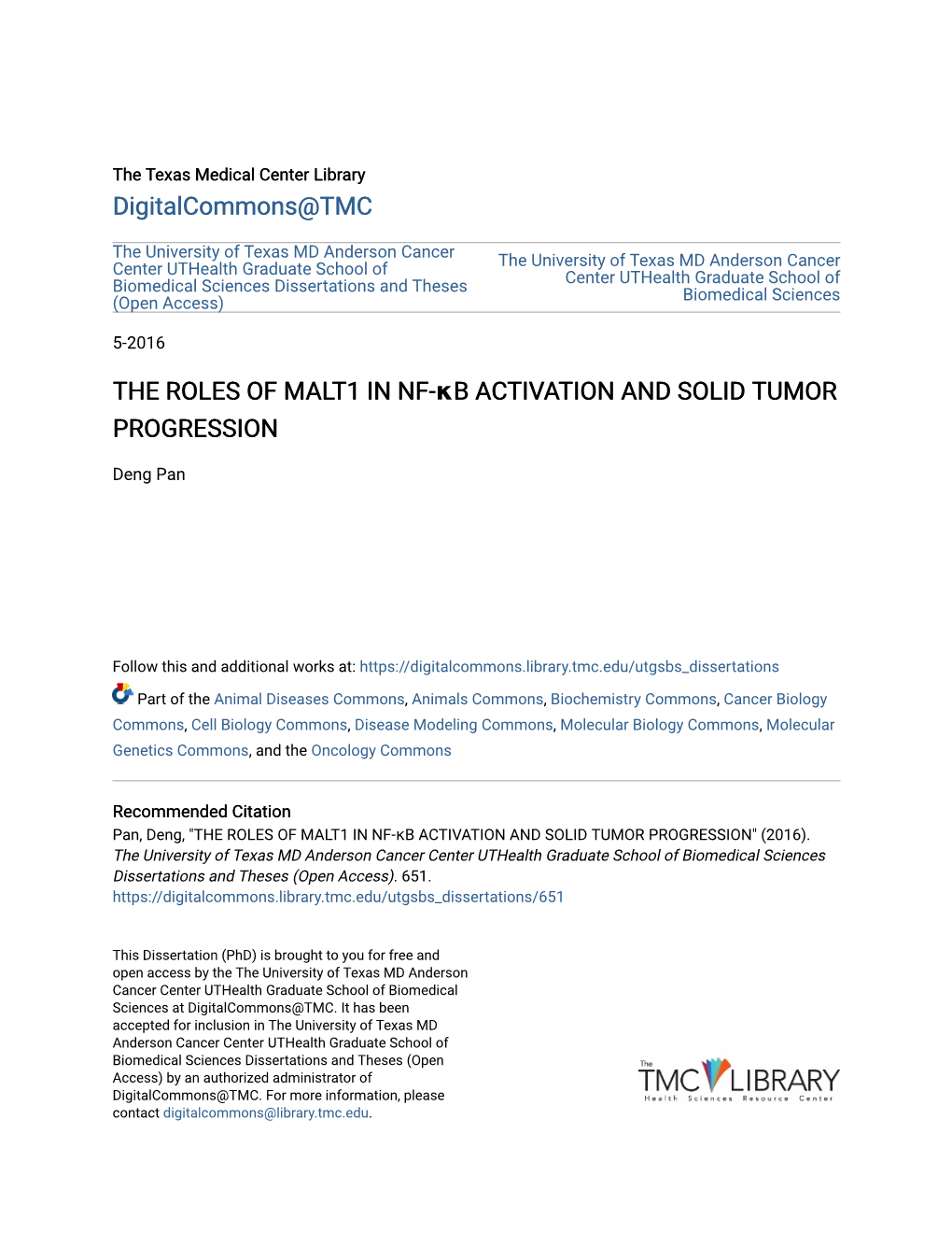 The Roles of Malt1 in Nf-Κb Activation and Solid Tumor Progression