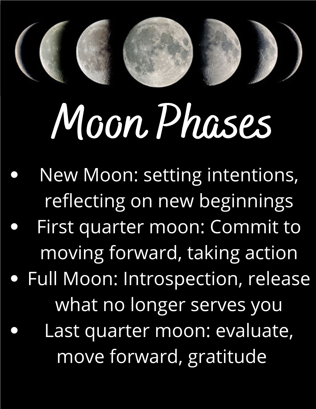 New Moon: Setting Intentions, Reflecting on New Beginnings First Quarter Moon: Commit to Moving Forward, Taking Action Full Moon