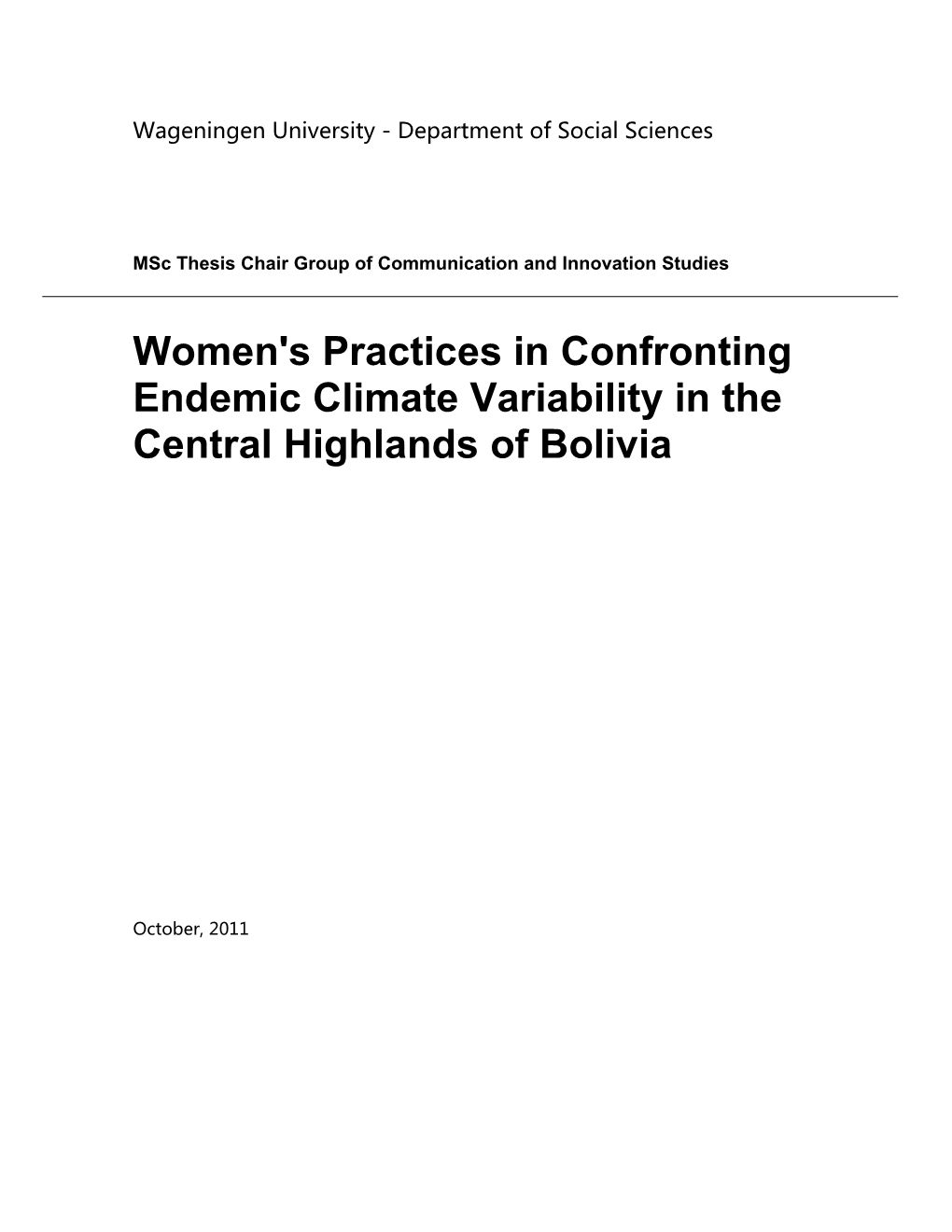 Women's Practices in Confronting Endemic Climate Variability in the Central Highlands of Bolivia