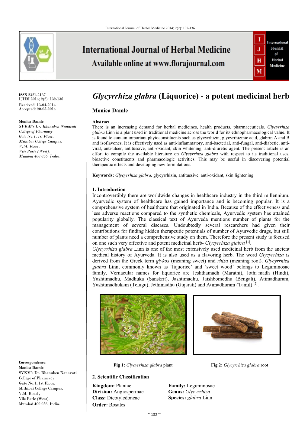 Glycyrrhiza Glabra (Liquorice) - a Potent Medicinal Herb Received: 13-04-2014 Accepted: 20-05-2014 Monica Damle