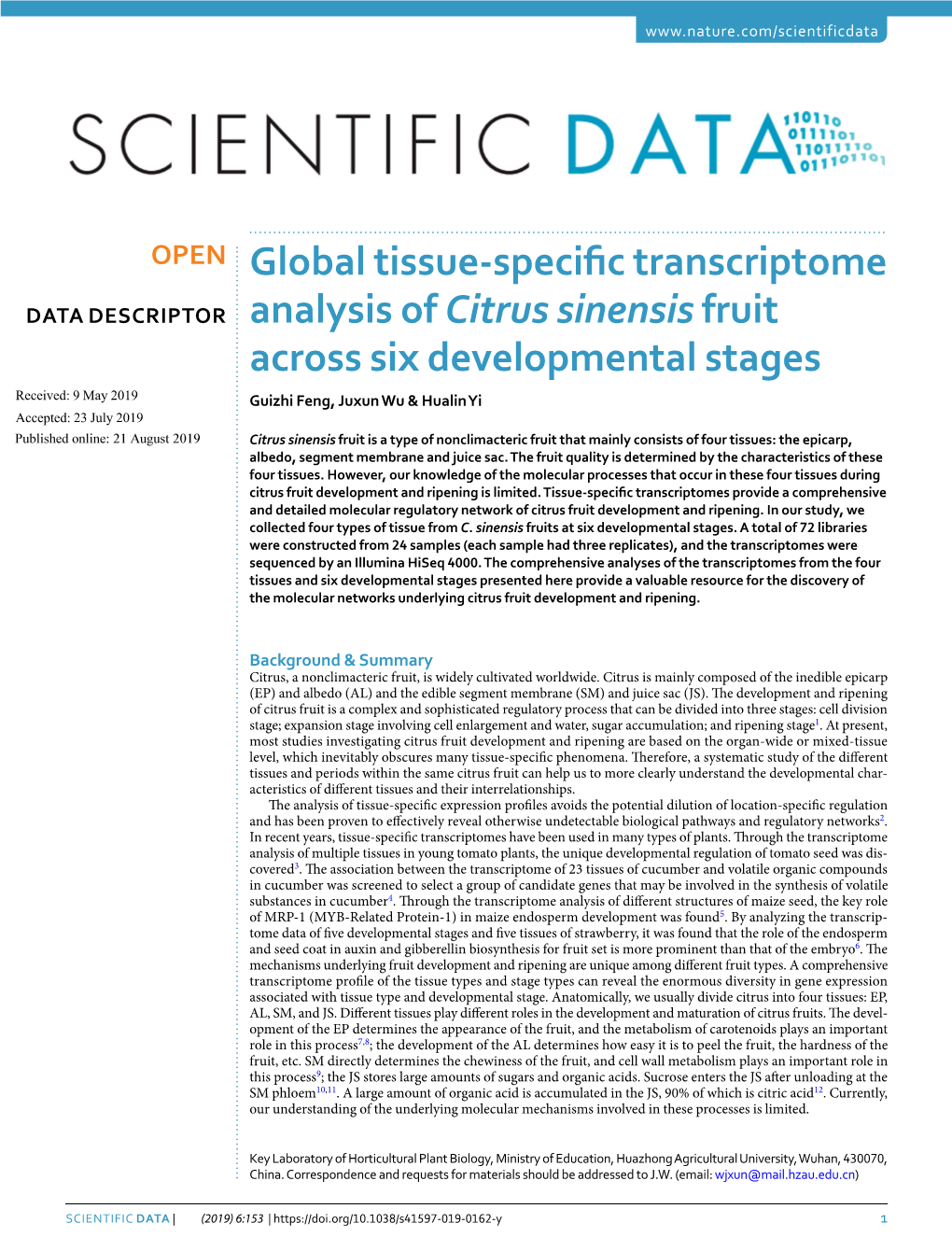 Global Tissue-Specific Transcriptome Analysis of Citrus Sinensis