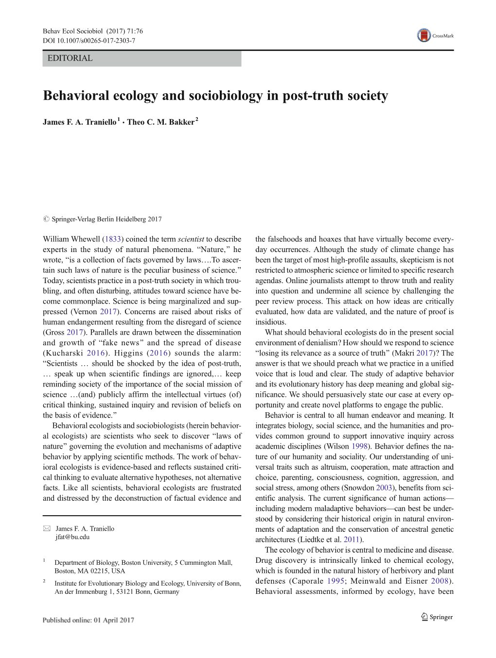 Behavioral Ecology and Sociobiology in Post-Truth Society