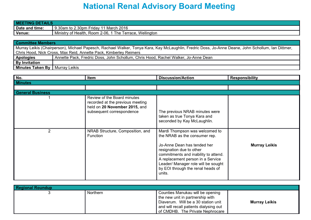 National Renal Advisory Board Meeting 11 March 2016