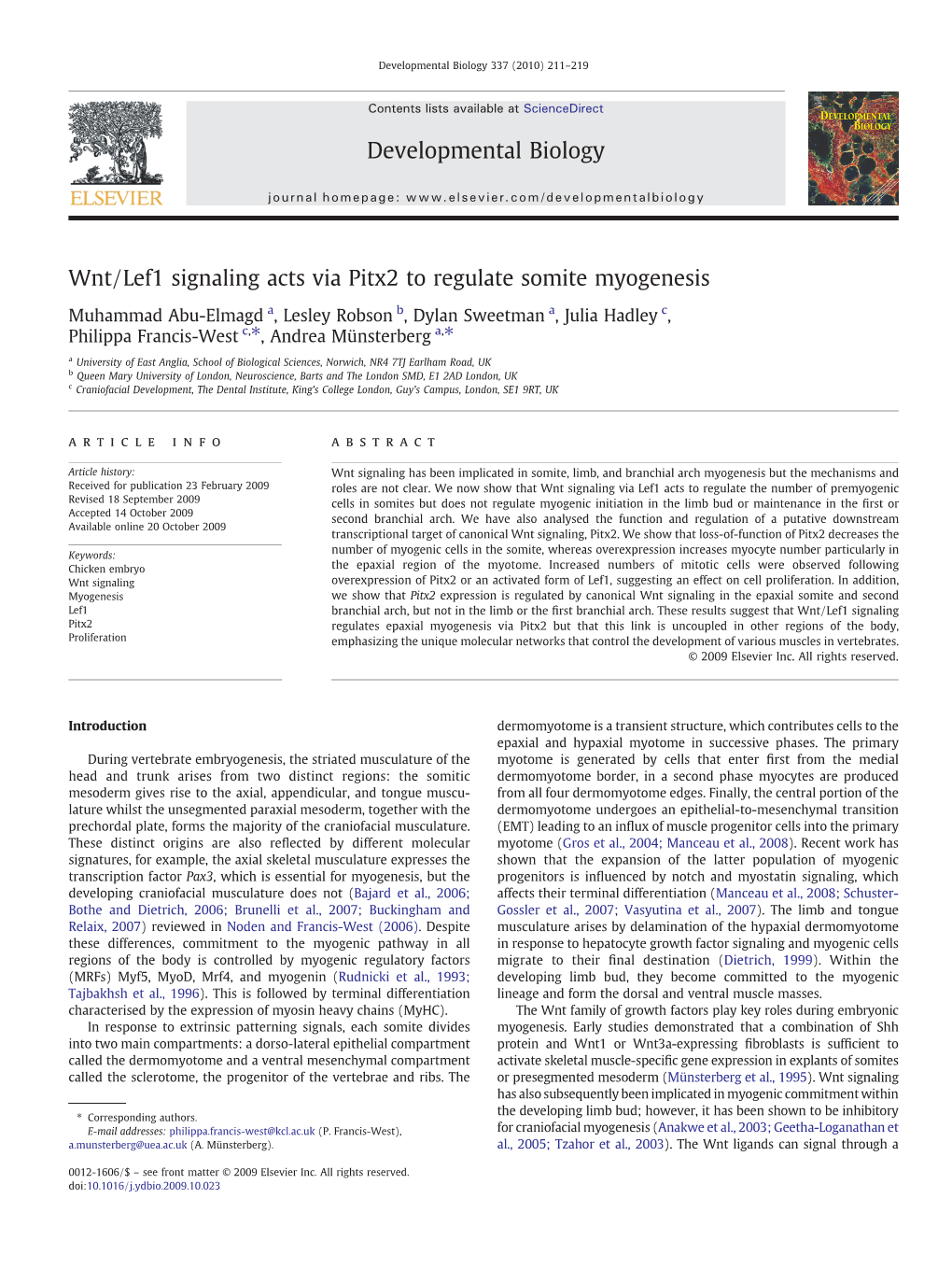 Wnt/Lef1 Signaling Acts Via Pitx2 to Regulate Somite Myogenesis