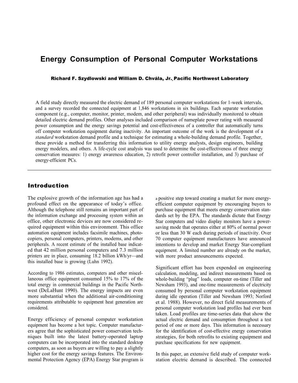 Energy Consumption of Personal Computer Workstations