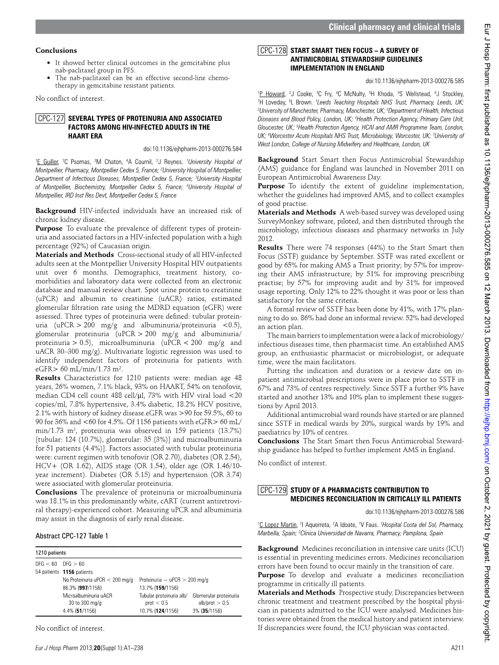 Clinical Pharmacy and Clinical Trials Eur J Hosp Pharm: First Published As 10.1136/Ejhpharm-2013-000276.585 on 12 March 2013