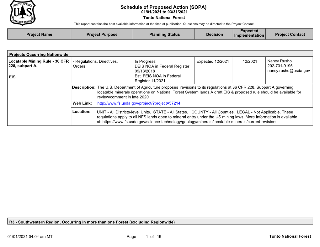 Schedule of Proposed Action (SOPA) 01/01/2021 to 03/31/2021 Tonto National Forest This Report Contains the Best Available Information at the Time of Publication